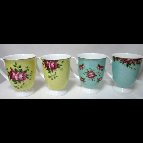 AYNSLEY Archive Rose footed Mugs Cups floral yellow blue Footed Fine China NEW - Picture 4 of 10